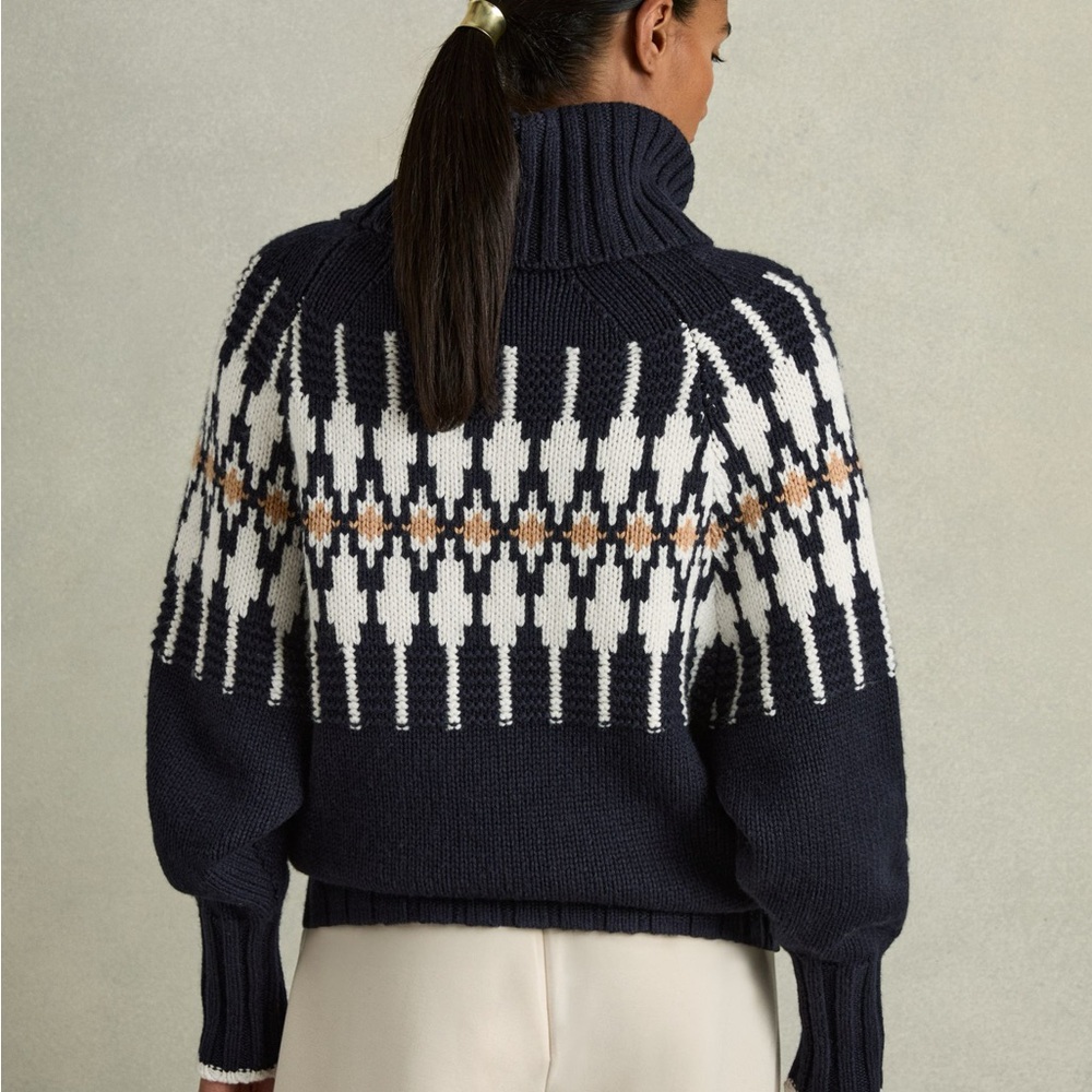 REISS Emma Navy Blue Cream Fair Isle Turtleneck Sweater - Picture 2 of 10